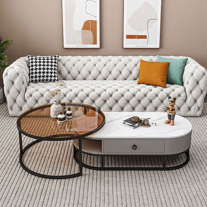 Oval Glass & Slate Coffee Table Set Frame Cocktail Table with Drawers
