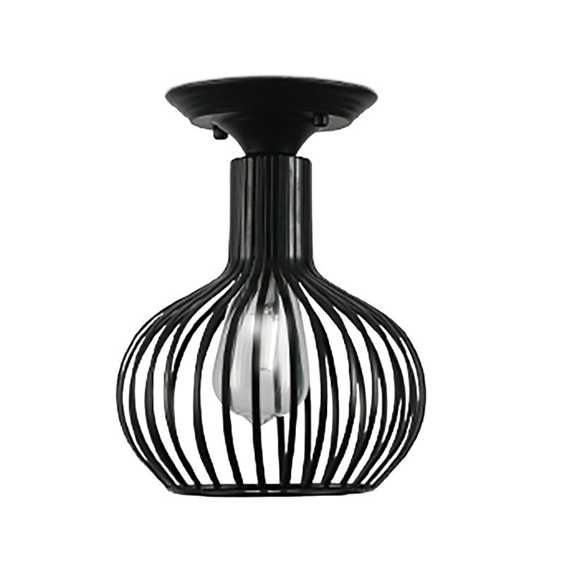 Retro Loft Globe / Pear Cage Ceiling Fixture 1 Light Metallic Semi-Flush Mount Light in Black for Hallway