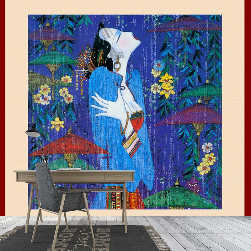 Picasso Style Asian Woman Mural Blue-Green Classical Wall Covering for Living Room