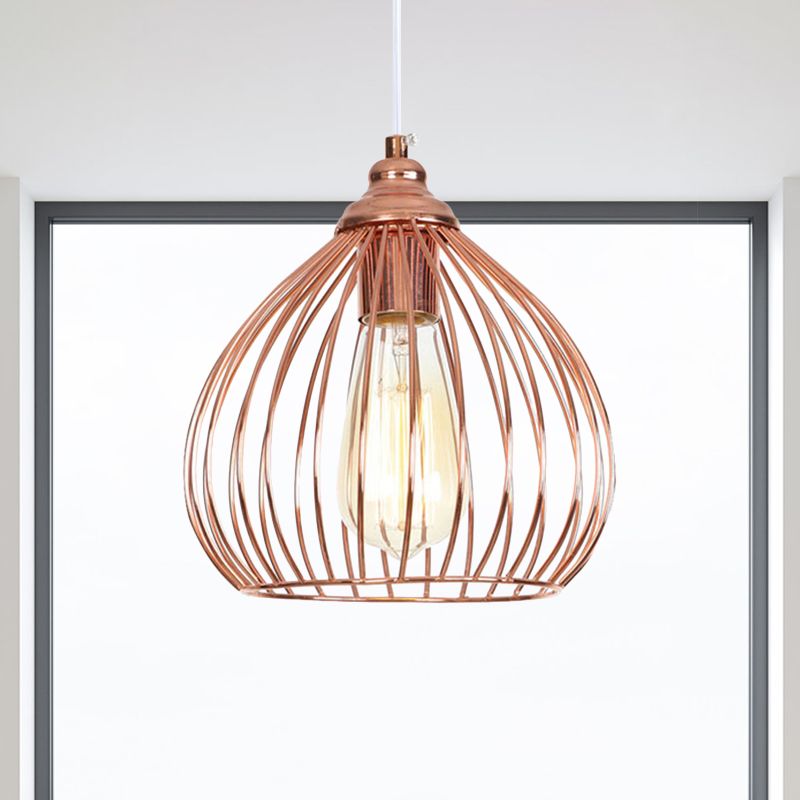 Gourd Single Pendant Light with Wire Guard 1 Light Industrial Hanging Ceiling Light in Rose Gold