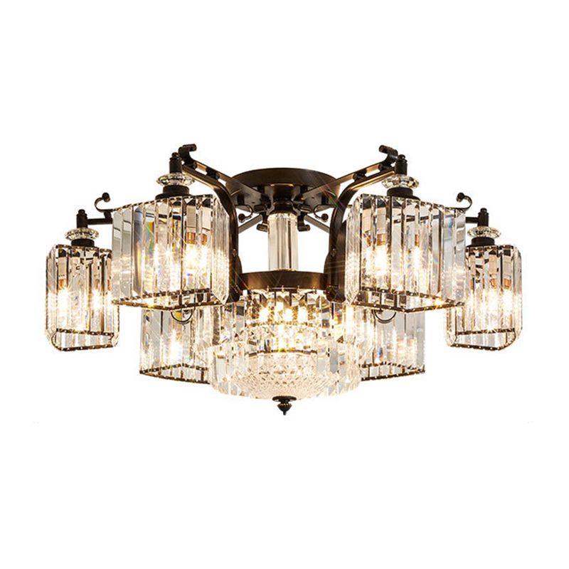 Clear Crystal Radial Flush Chandelier Traditional Living Room Semi Flush Mount Light in Black
