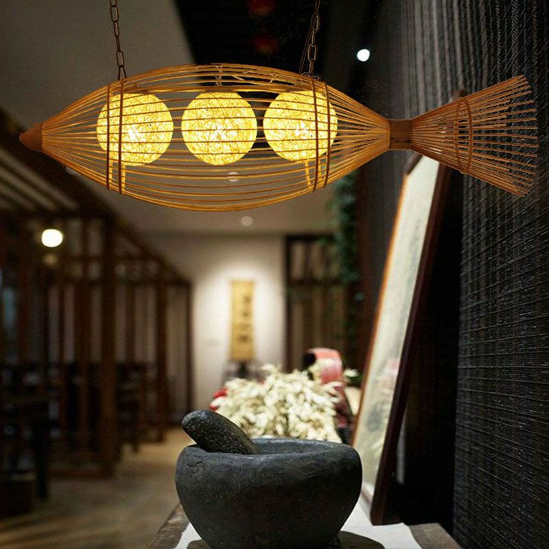 Handwoven Fish Asian Style Suspension Light Bamboo Restaurant Chandelier Light in Wood