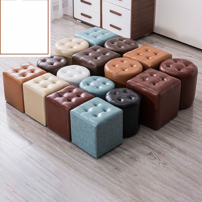 Modern Pouf Ottoman Genuine Leather Upholstered Tufted Solid Color Ottoman