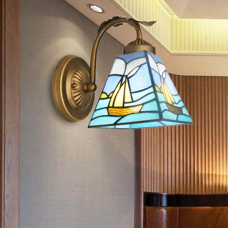 1 Light Sailboat Wall Sconce Light Nautical Stained Glass Wall Mount Light in Brass