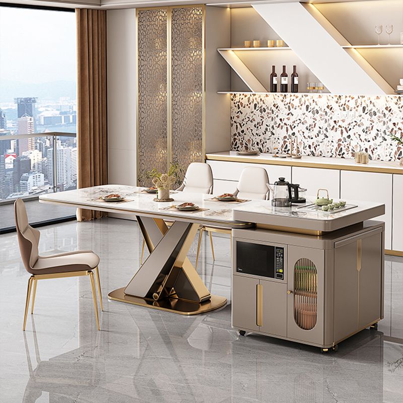 Glossy Beige Dinette Table with Metal Base Modern Dining Table for Home