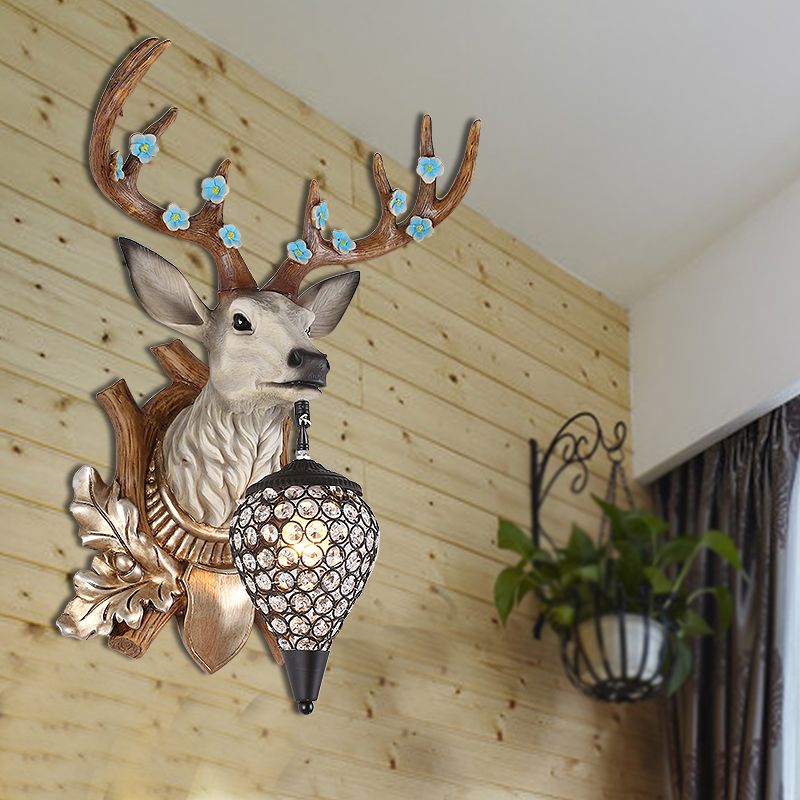 1 Light Vanity Lamp Country Brown / White Resin Sconce Light pour la salle de bain avec une teinte en cristal en larmes