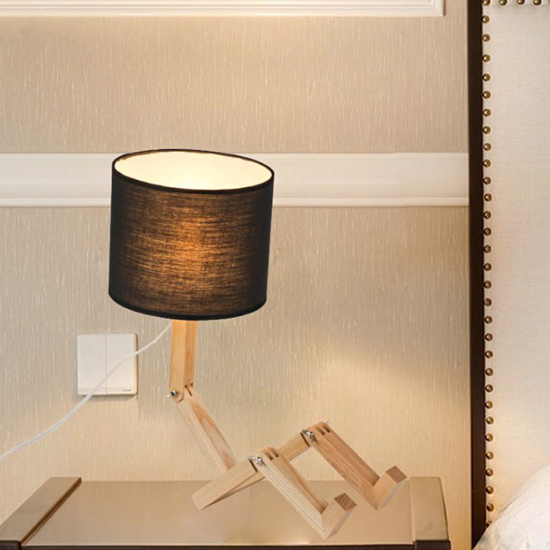 Man-Shaped Table Lamp Novelty Modern Wood Single Beige/Black/White Night Light with Book Rack Design and Cylinder Fabric Shade