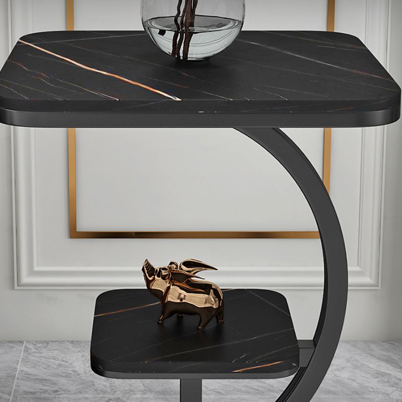 Double Tier Square Slate Top End Table Metal C Side Table for Living Room