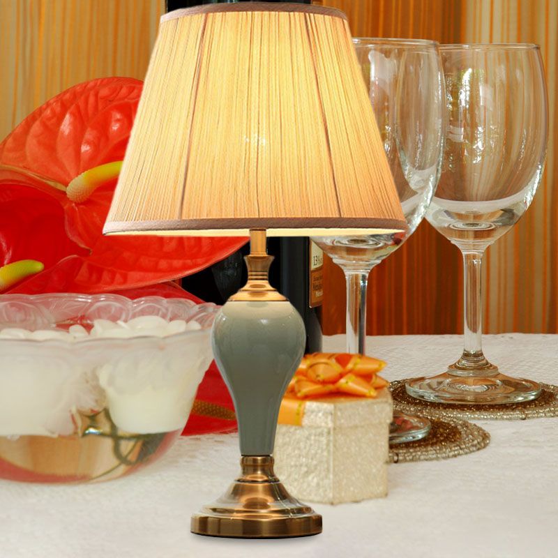 Ceramic Urn Table Lighting Vintage 1 Bulb Bedside Nightstand Light in Aqua/Beige/Silver Grey with Tapered Fabric Shade