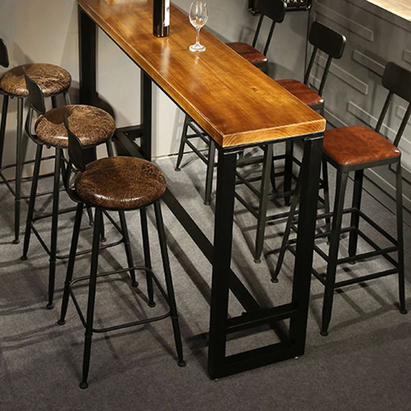 Rectangle Pine Wood Top Bistro Table Industrial Bar Table with Trestle Base