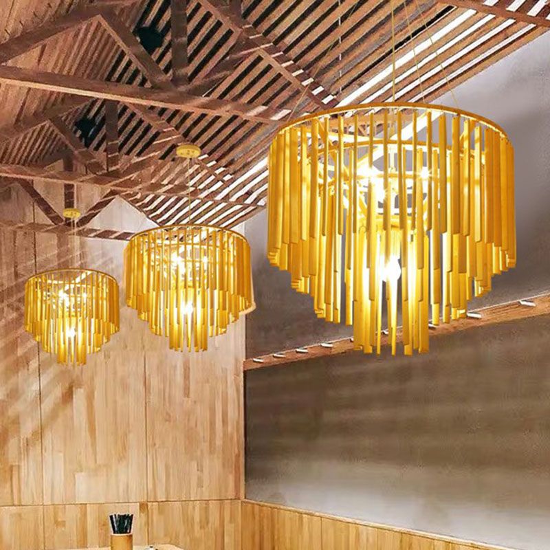 Tiered Chandelier Pendant Light Contemporary Bamboo 4 Heads Yellow Hanging Lighting for Restaurant