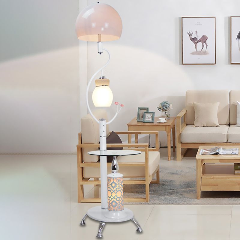 Black/White Dome Shade Task Floor Lamp Countryside Style Beveled Crystal 2-Bulb Standing Light