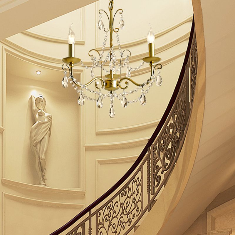 Vintage Style Bare Bulb Chandelier Pendant Light Metallic 3/6 Heads Hanging Lamp with Clear Crystal in Gold Finish