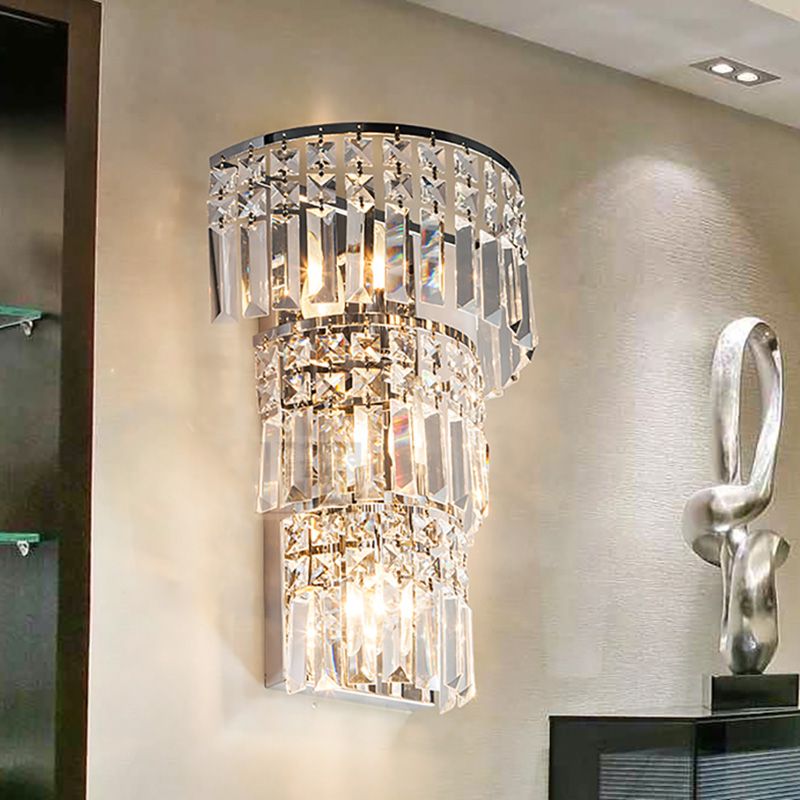 Tiered Wall Lighting Fixture Vintage Style Clear Crystal 3 Lights Chrome Finish Wall Sconce for Hallway