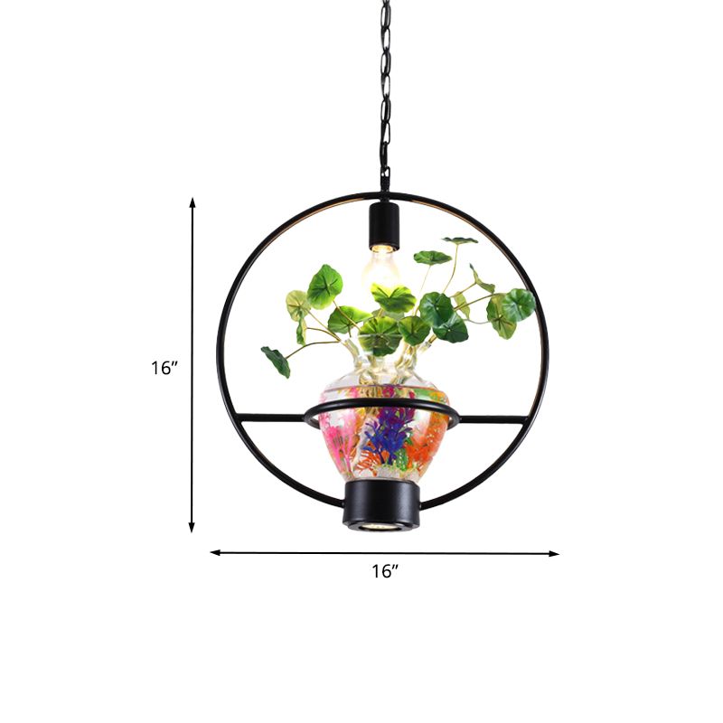 Black Round/Square Frame Hanging Lamp Factory Metallic 1 Head Dining Room Pendant Lighting Fixture with Urn Plant Pot