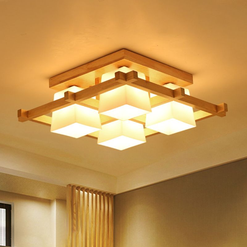 Nordic 4/6/9-Light Ceiling Mount Light Wood Grid Semi Flush Mount with Opal Frosted Glass Shade