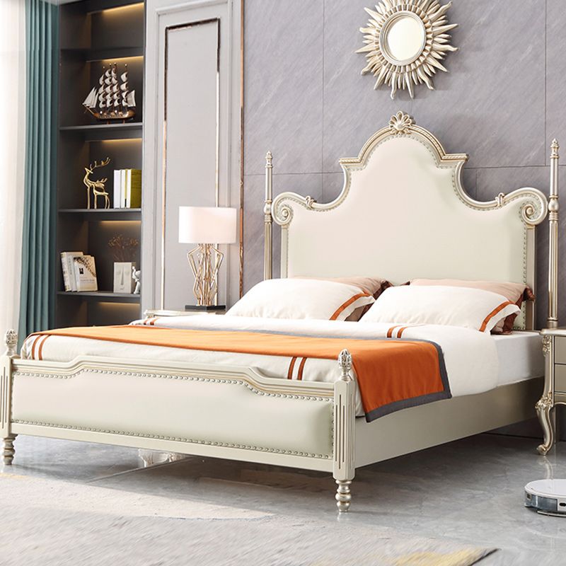 Solid Wood Upholstered Bed Frame Victorian Beige Standard Bed with Nailhead Trim