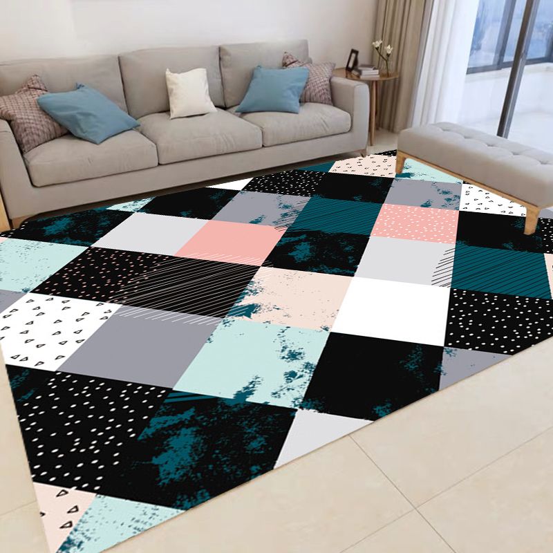 Multicolored Bedroom Rug Modern Geometric Square Pattern Area Rug Polyester Washable Pet Friendly Carpet