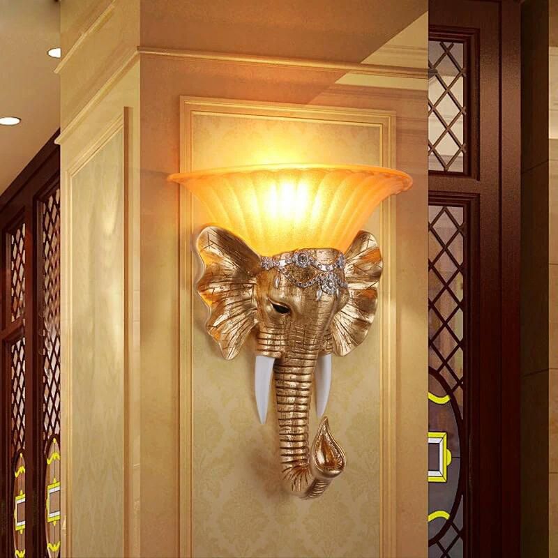 1 Kopfwandhalterung Lampe Vintage Style Schüssel gelbe Glas Leuchte Leuchte mit goldenem Elefantendesign