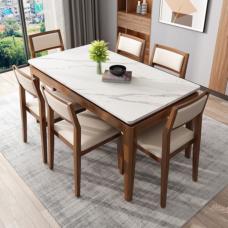 Modern Style Dining Table Set White Sintered Stone Dining Table with Solid Wood Base