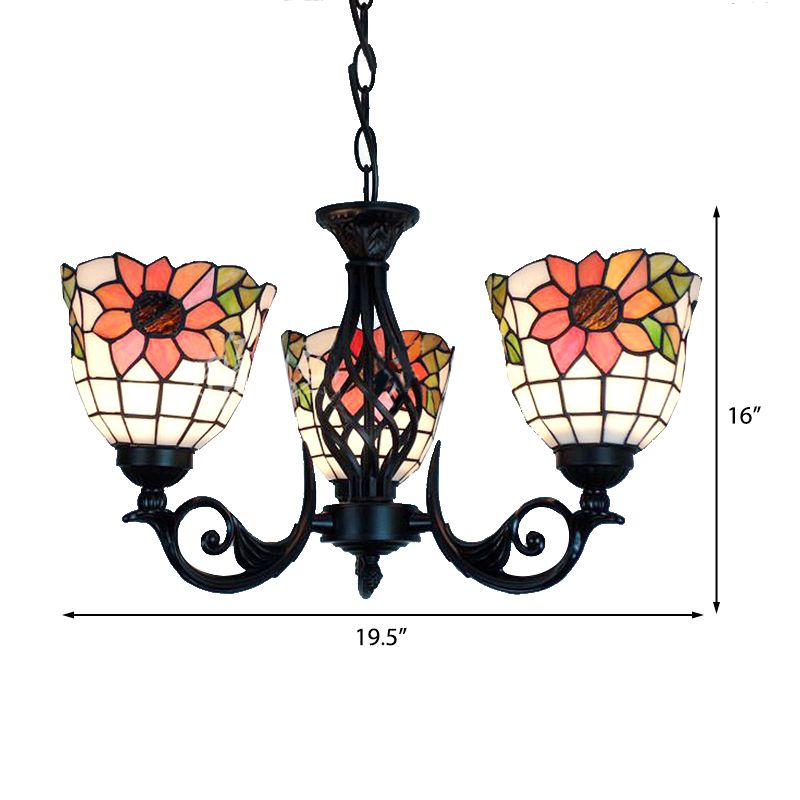 Sunflower Ceiling Chandelier Lodge Rustic 3 Lights Stained Glass Pendant Lighting in Black Finish