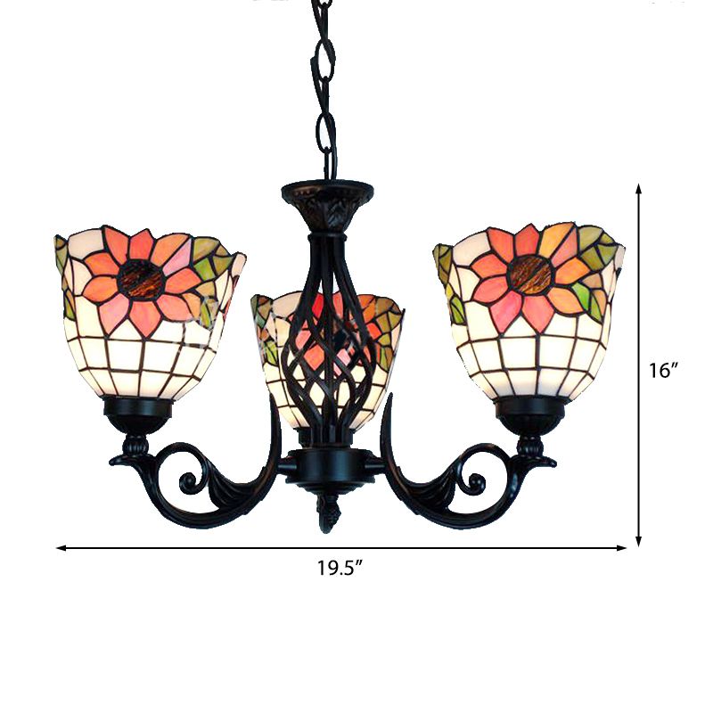 Sunflower Ceiling Chandelier Lodge Rustic 3 Lights Stained Glass Pendant Lighting in Black Finish