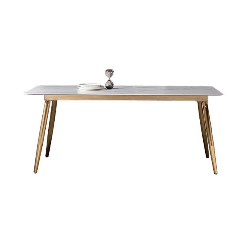 Rectangle Modern Dining Table White Sintered Stone Top Gold Metal Base Table