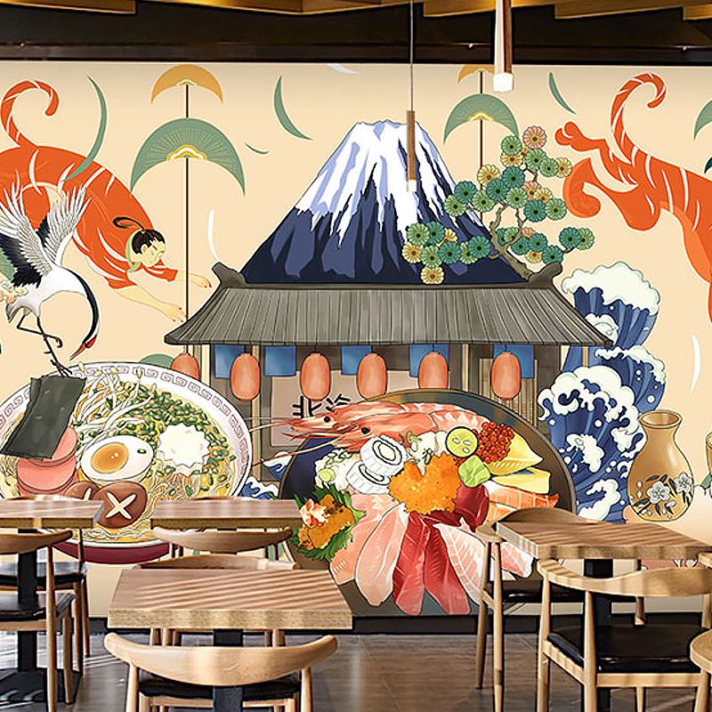 Giant Illustration Sushi Wall Art for Japanese Restaurant in Beige, Made to Measure