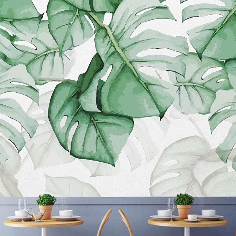 Contemporary Banana Leaves Wall Mural Green and White Wall Covering for Living Room, Customized Size Available
