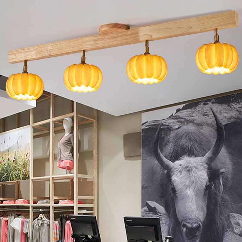 Wood Modern Flush Mount Pumpkin Shape Ceiling Light with Resin Shade for Living Room