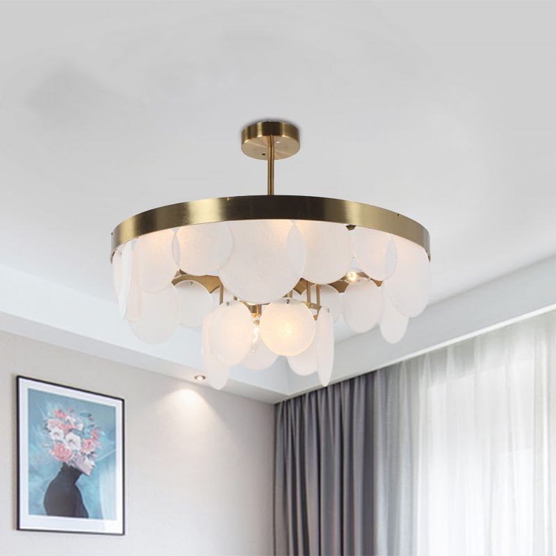 Post-Modern Circle Panel Semi Flushmount White Glass 6 Bulbs Bedroom Ceiling Flush Mount in Brass with Ring Design