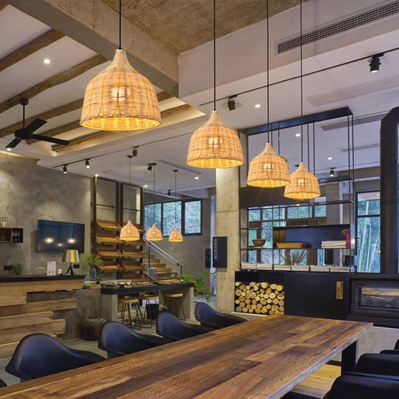 Rattan Domed Hanging Light Fixture Asia Style Pendant Ceiling Light