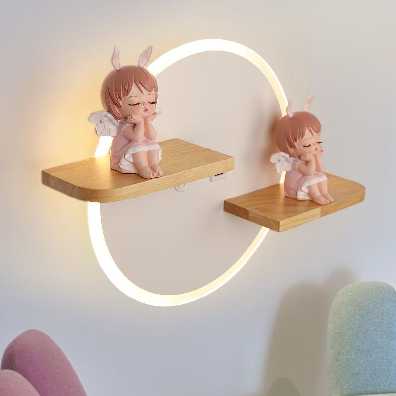LED Circle Wall Sconce Nordic Wooden Kids Bedroom Wall Light with Shelf and Figurine