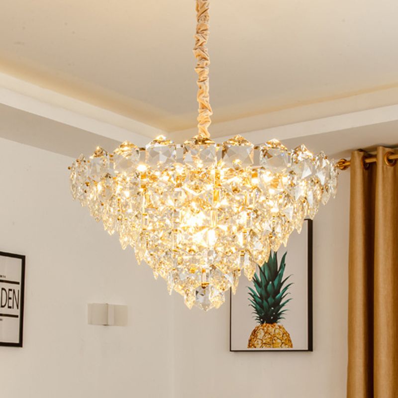 Simple Tapered Hexagon Crystal Hanging Lamp 8 Lights Chandelier Light Fixture in Gold
