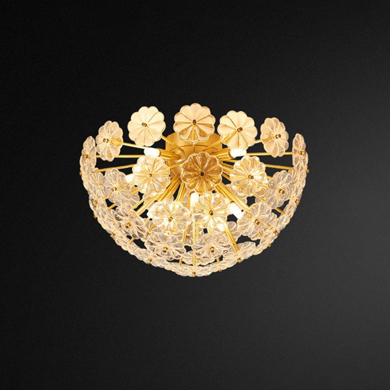 Dome Shaped Flush Mount Modern Crystal Flower Living Room Flushmount Ceiling Light in Brass
