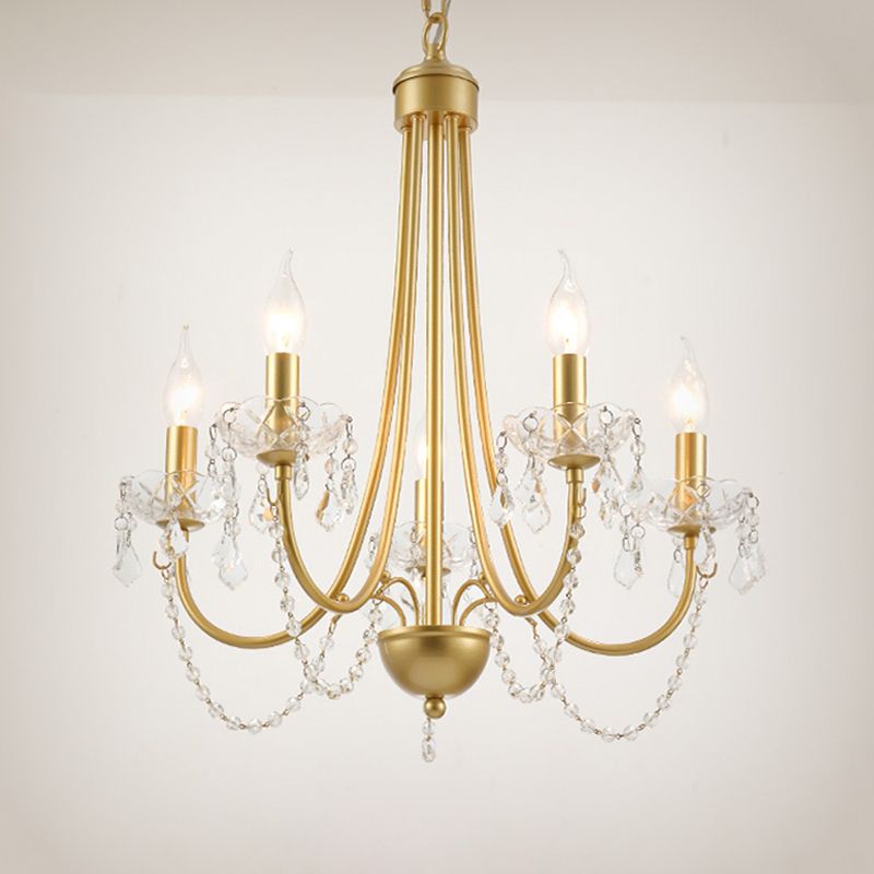 Candle Suspended Lighting Fixture American Style Multi-Head Hanging Pendant Lights with Crystal Bead