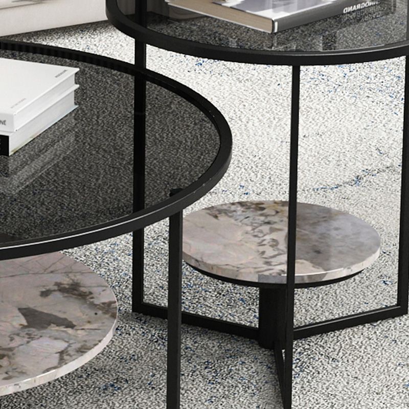 Contemporary Coffee Table Round Glass Top Cocktail Table with Storage