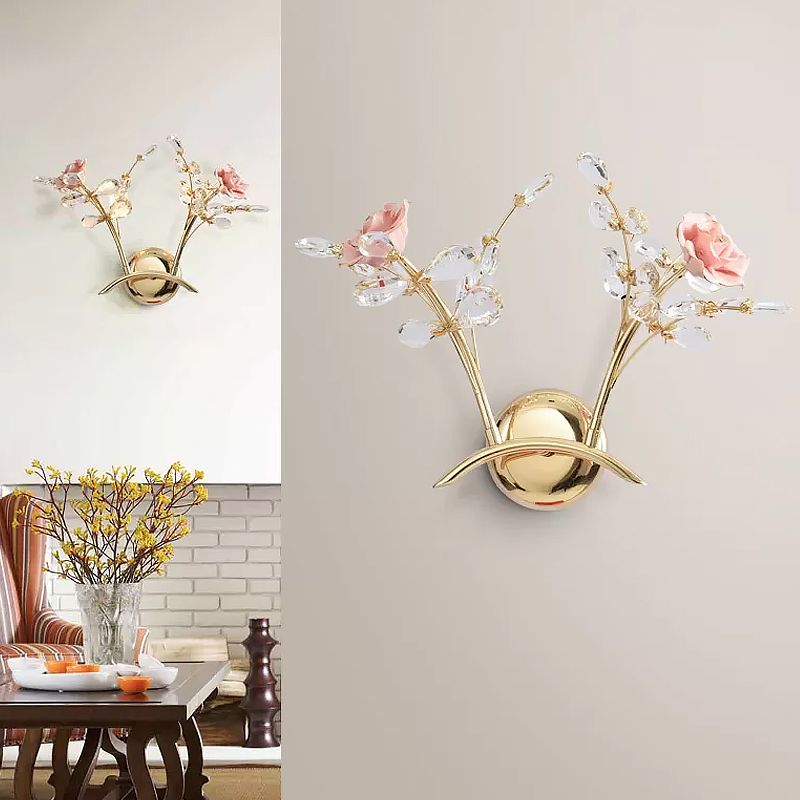 Rose K9 Crystal Wall Lighting Modernist 2 Lights Hallway Wall Mounted Light Fixture in Gold