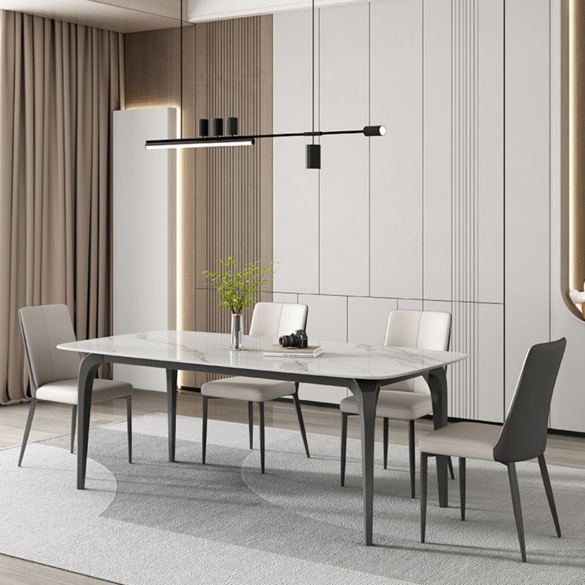 Contemporary White Rectangular Stone Dining Table with 4 Legs