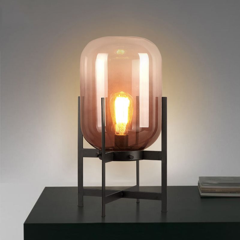 Minimalist Quadruped Night Light Metal 1-Head Living Room Table Lamp in White/Black with Oval Tan Glass Shade