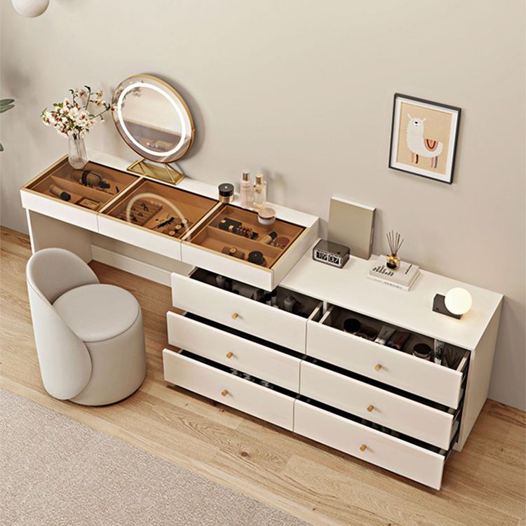 Cream Glass Top Vanity Makeup Dressing Table Stool Set with Drawers