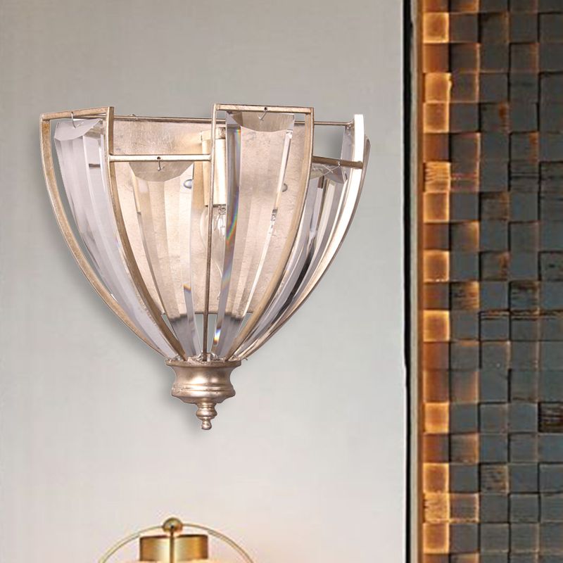 Antique Silver Curved Wall Sconce Modernist 1 Bulb Clear Crystal LED Wall Light Fixture