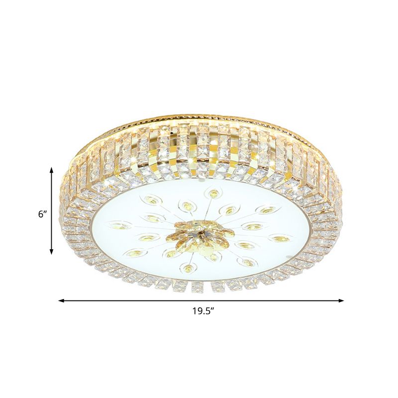 16"/19.5" Dia Circle Flush Mount Fixture Bedroom LED Modern Clear Crystal Flush Lamp with Frosted Glass Diffuser in Gold