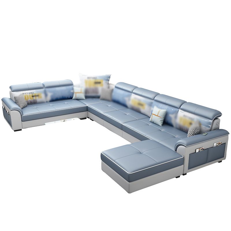 Square Arm Pillowed Back Cushions 6-Seater Faux Leather and Fabric Sectionals Sofas