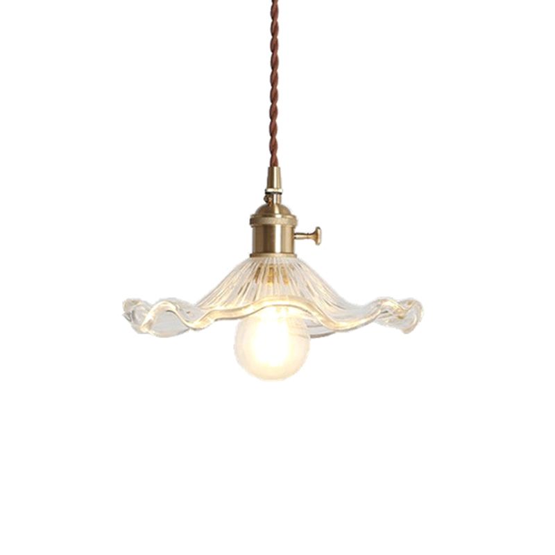 Luce appesa smerlata vintage con tonalità di vetro strutturata 1 lampada a sospensione in ottone lucido
