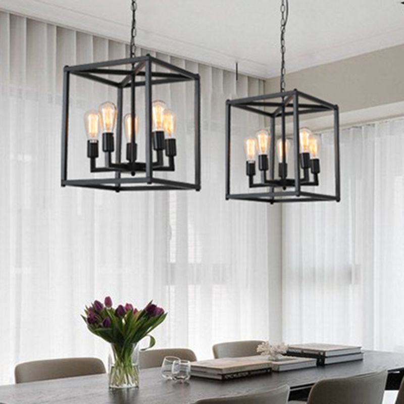 Zwarte kooi hangende lamp industrieel retro metalen diner hanger kroonluchter in vierkante vorm