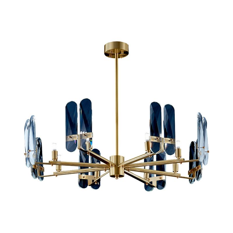 Pannello ovale in vetro blu appeso al soffitto Light Postmodern 8 lampadina in ottone Lampada a LEDELIE LED con design radiale