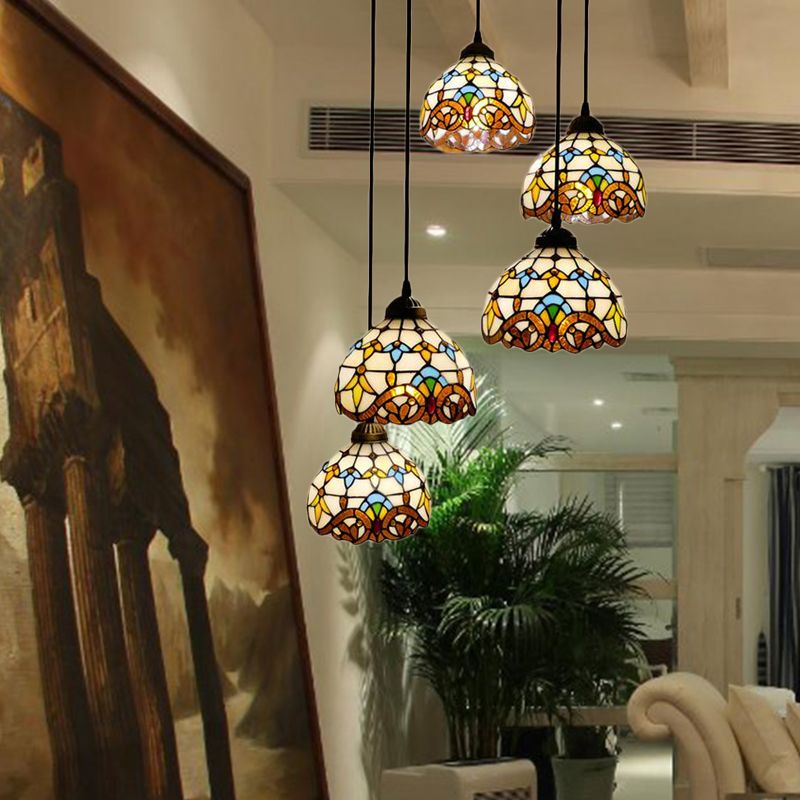 Salle à manger Éclairage Verre Bell Pendant Cascade Lumière avec une teinte en verre bleu / beige Style baroque