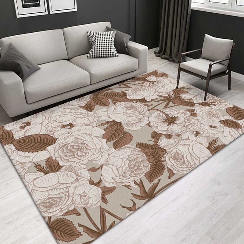 Natural Floral Printed Rug Trendy Polyester Area Rug Non-Slip Backing Carpet for Living Room