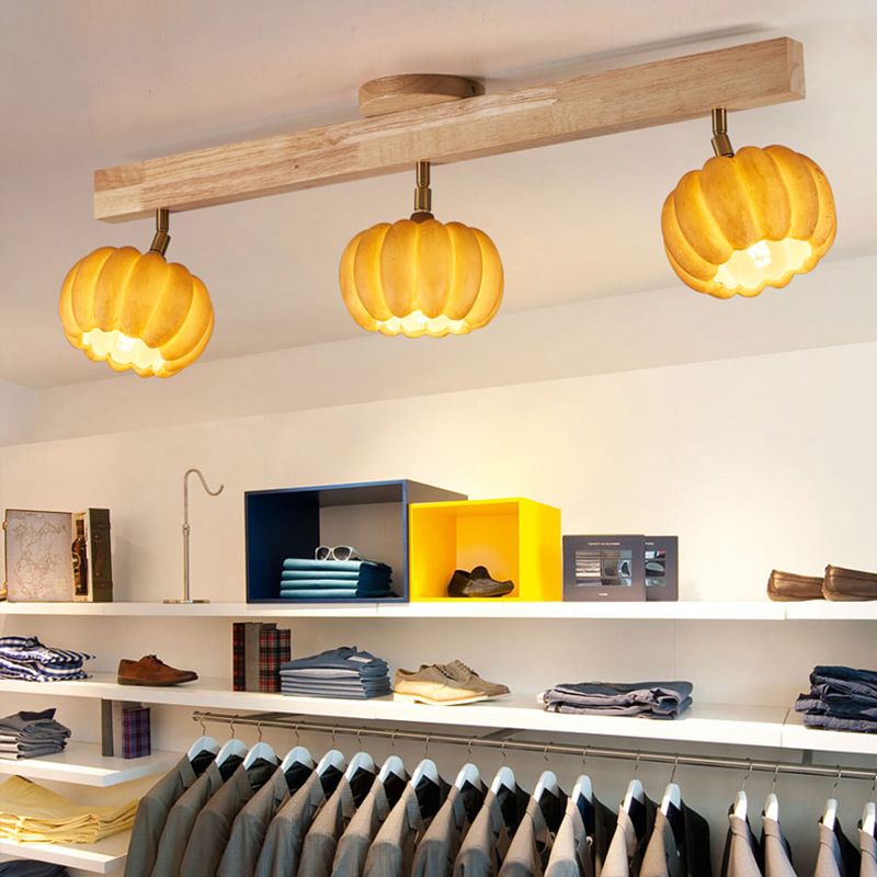 Wood Modern Flush Mount Pumpkin Shape Ceiling Light with Resin Shade for Living Room